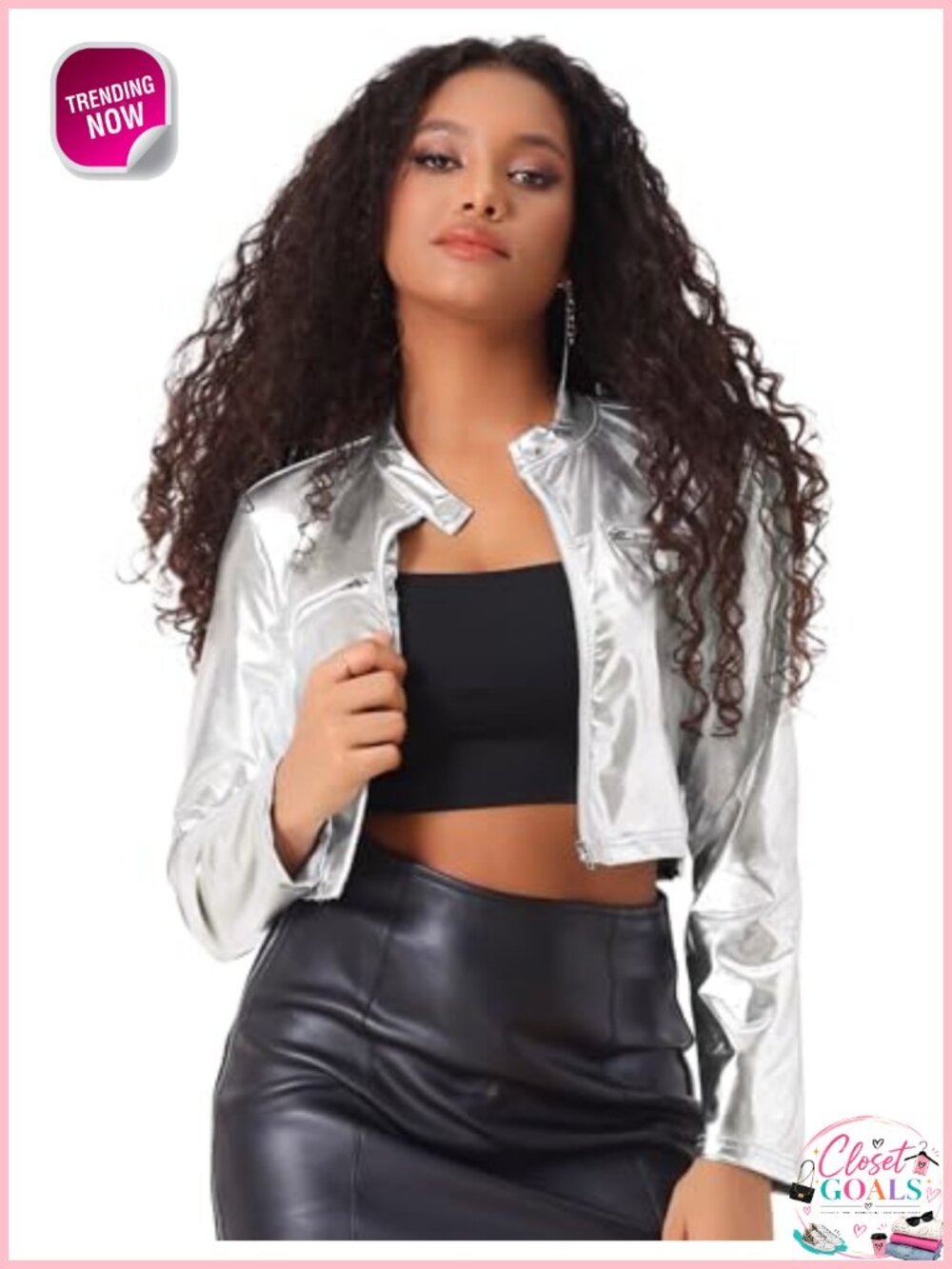 Metallic Crop Jacket Stand Collar Long Sleeve Party Club Zip Up
